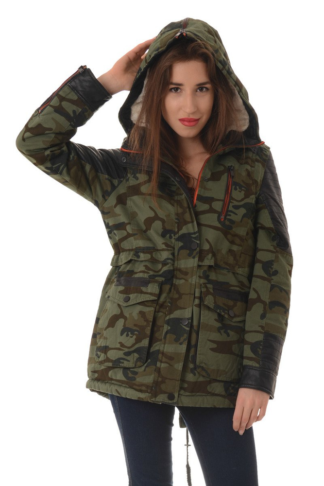 Damska Zimowa Kurtka Parka Płaszcz Moro Zielona