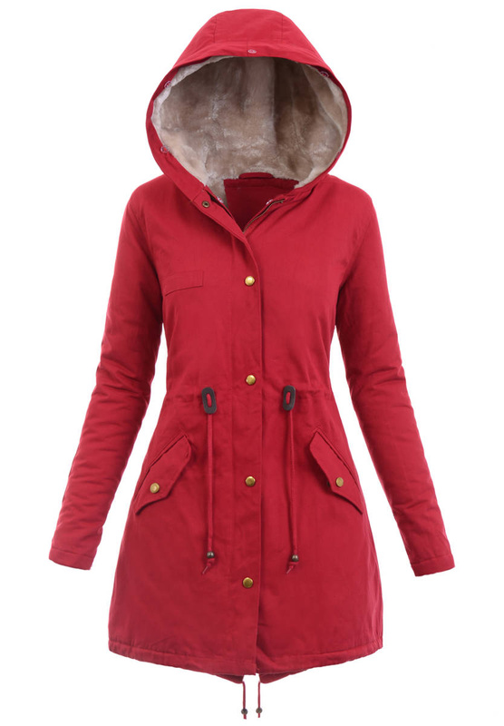 Piękna Damska Kurtka Parka Estera Czerwona Futerkiem Ecru
