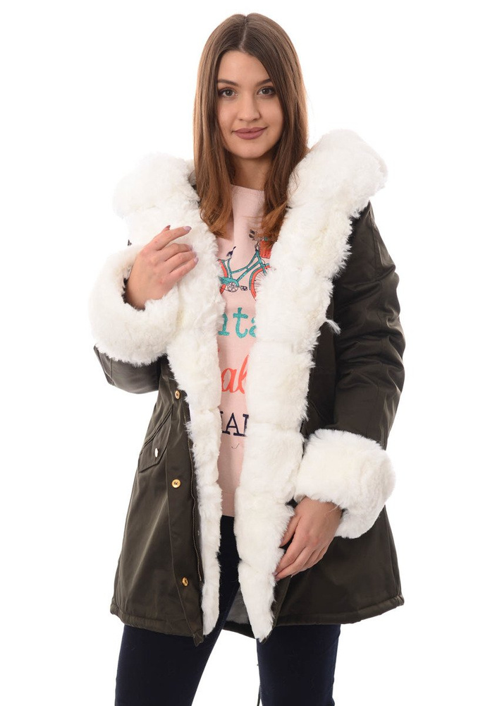 Damska Kurtka Parka Zimowa Patrycja Zielona Z Białym Futrem