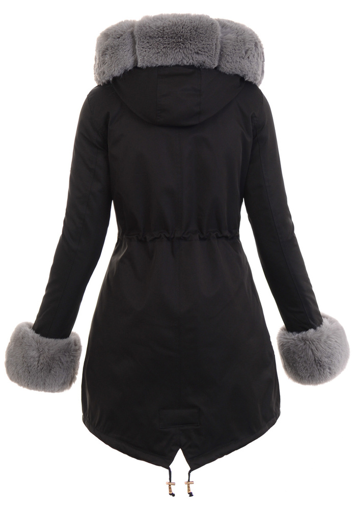Damska Kurtka Parka Zimowa Patrycja Czarna Z Szarym Futerkiem