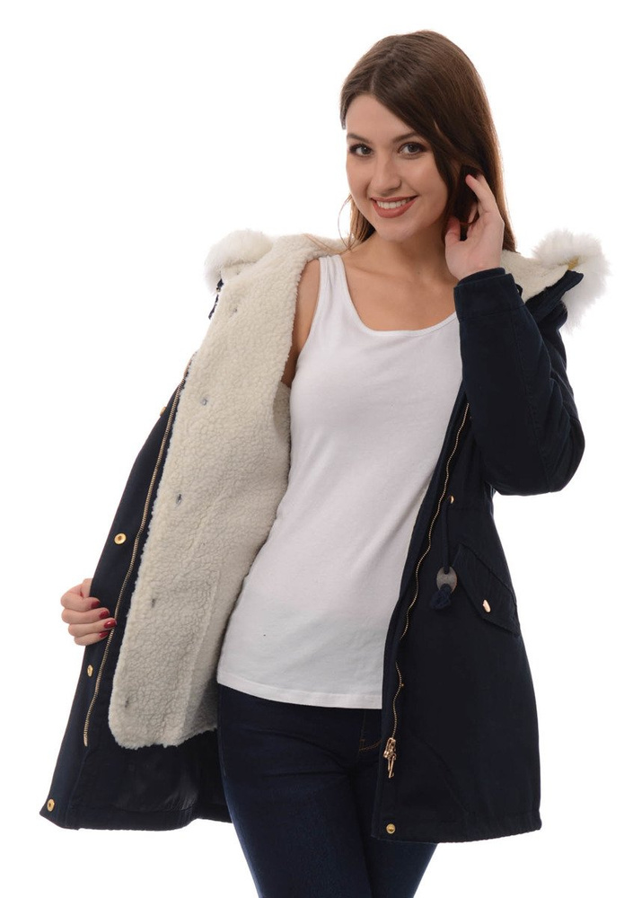 Damska Kurtka Parka Zimowa 2w1 Mila Granatowa Z Białym Futerkiem