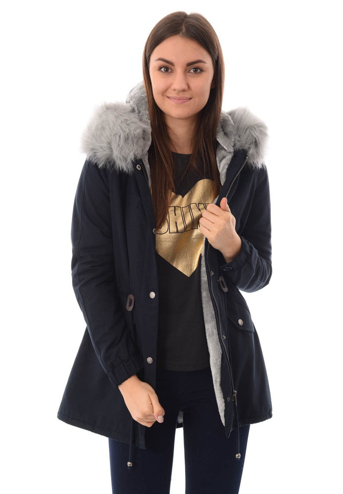 Piękna Damska Kurtka Parka Iwet Ciemno Granatowa Z Szarym Futerkiem