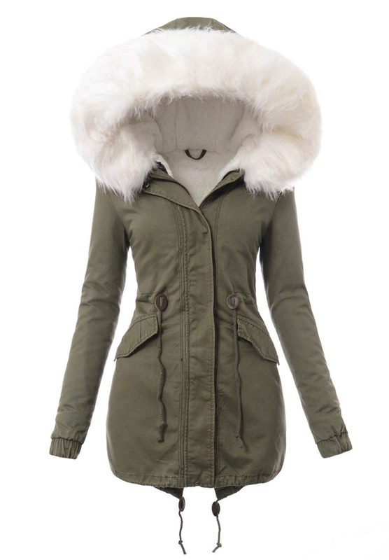 Damska Kurtka Parka Zimowa 2w1 Zielona z Białym Futerkiem