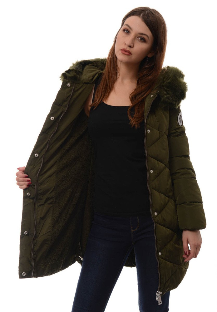Damska Długa Zimowa Kurtka Ortalionowa Zielona