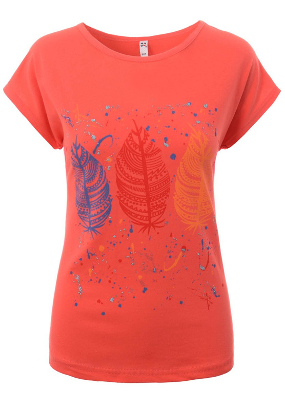 Damska Koszulka Krótki Rękaw T-Shirt Nadruk Pióra Czerwona