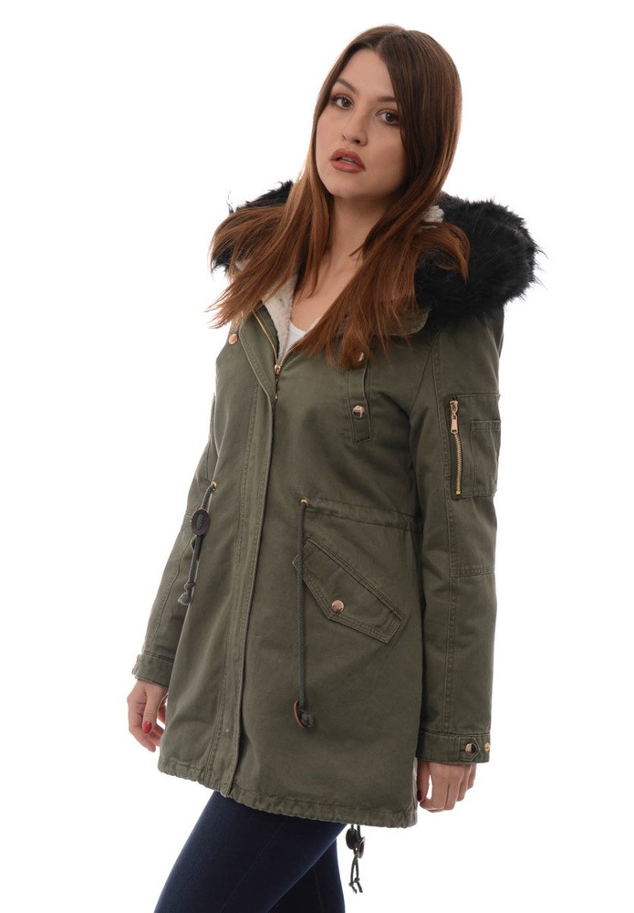 Damska Kurtka Parka Zimowa 2w1 Mila Zielona z Czarnym Futerkiem