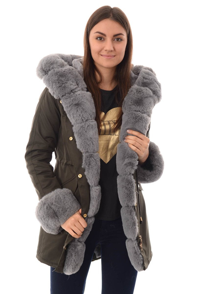 Kurtka Patrycja Khaki Z Szarym Futerkiem
