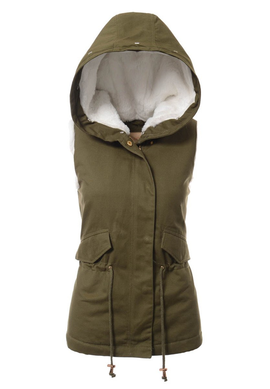 Damska Kamizelka Bezrękawnik Ilona Zielony z Białym Futerkiem