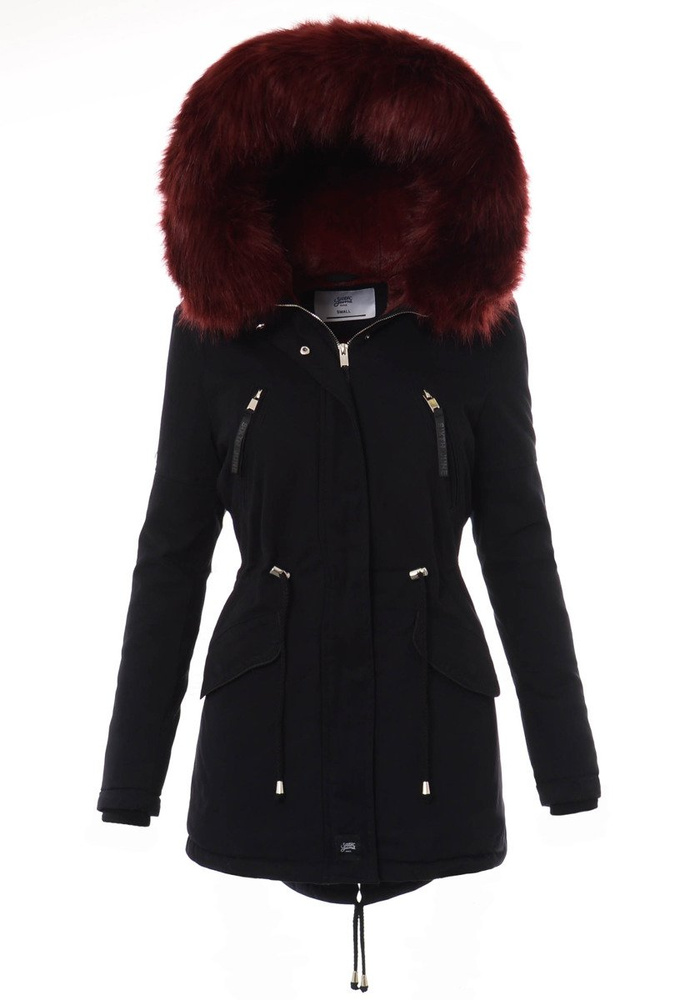 Kurtka Parka Aleksandra Czarna Z Bordowym Futrem