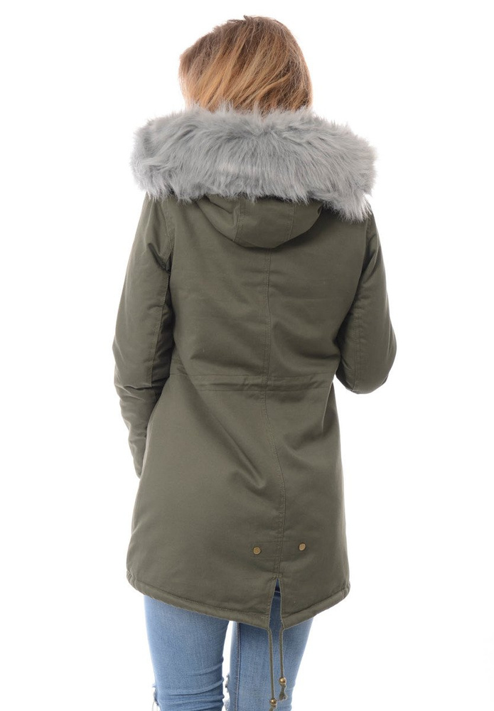 Piękna Damska Kurtka Parka Iwet Zielona z Szarym Futerkiem