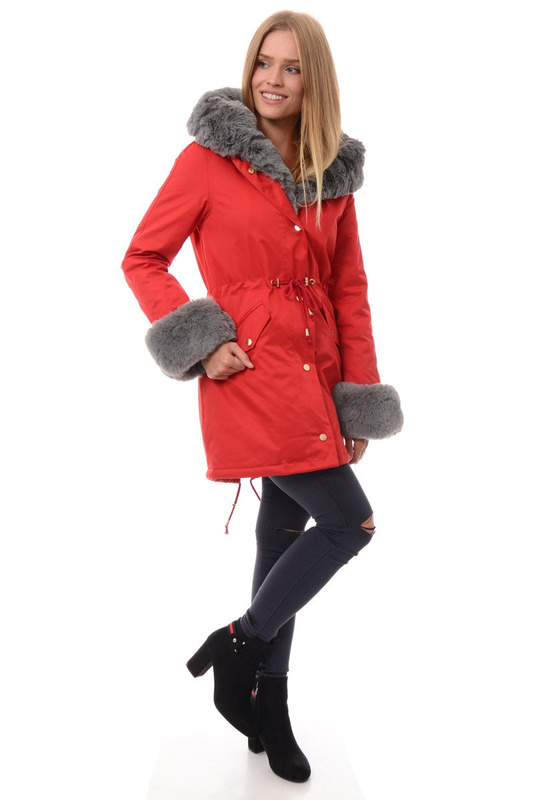 Kurtka Patrycja Czerwona Z Szarym Futerkiem 