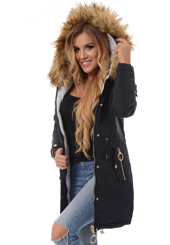 Damska Dwustronna Zimowa Kurtka Granatowa