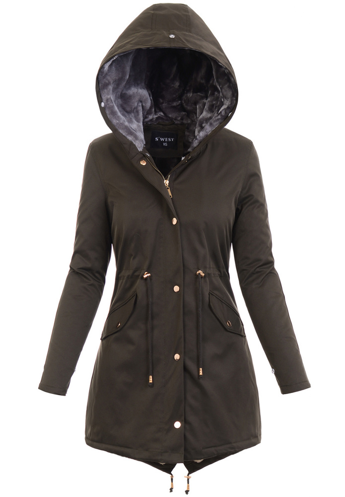 Damska Kurtka Parka Zimowa Patrycja Khaki Z Szarym Futerkiem