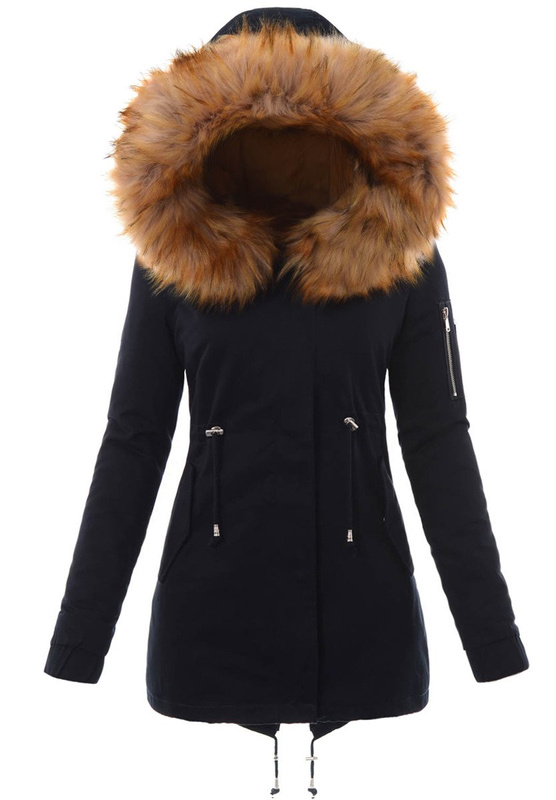 Piękna Damska Kurtka Parka 2w1 Emilia Granatowa z Brązowym Futerkiem
