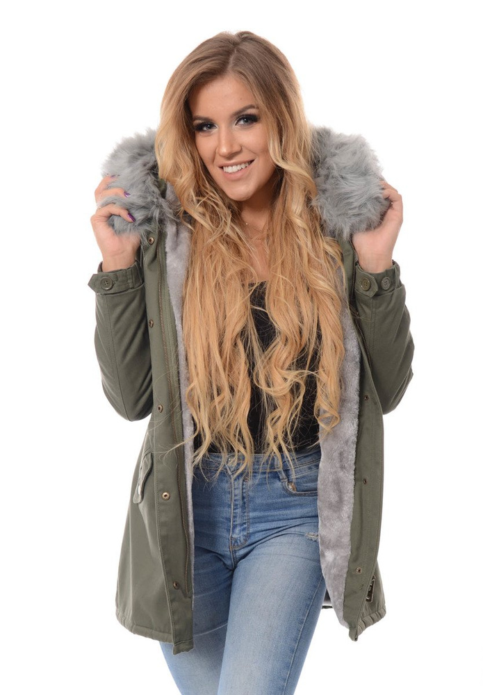Piękna Damska Kurtka Parka Iwet Zielona z Szarym Futerkiem