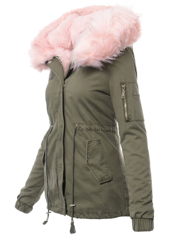 Damska Kurtka Parka Zimowa 2w1 Edyta Zielona z Różowym Futerkiem