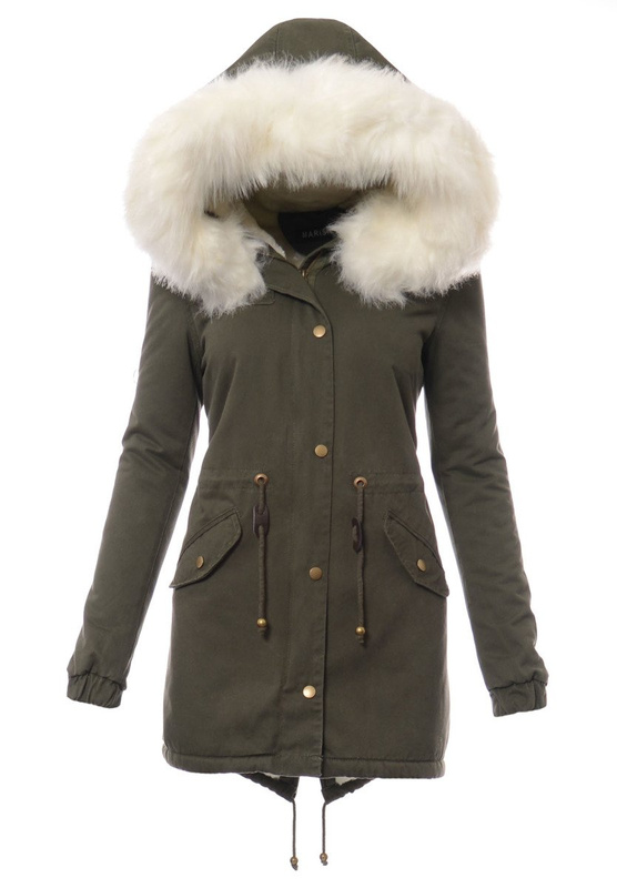 Piękna Damska Kurtka Parka Iwet Zielona z Białym Futerkiem