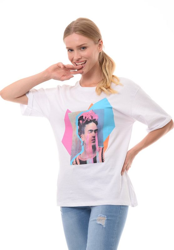 Damska Koszulka Krótki Rękaw Nadruk Biała