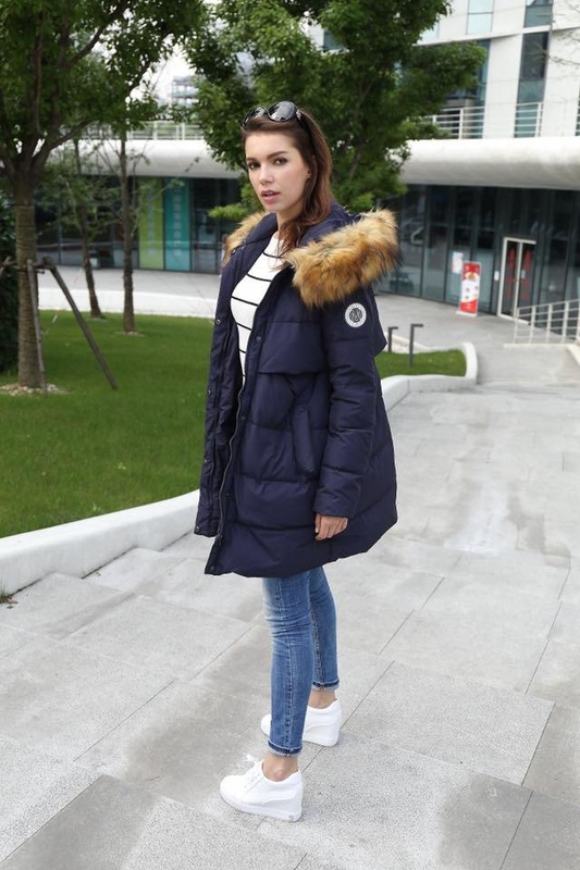 Długa Puchowa Damska Kurtka Zimowa Maya Granatowa