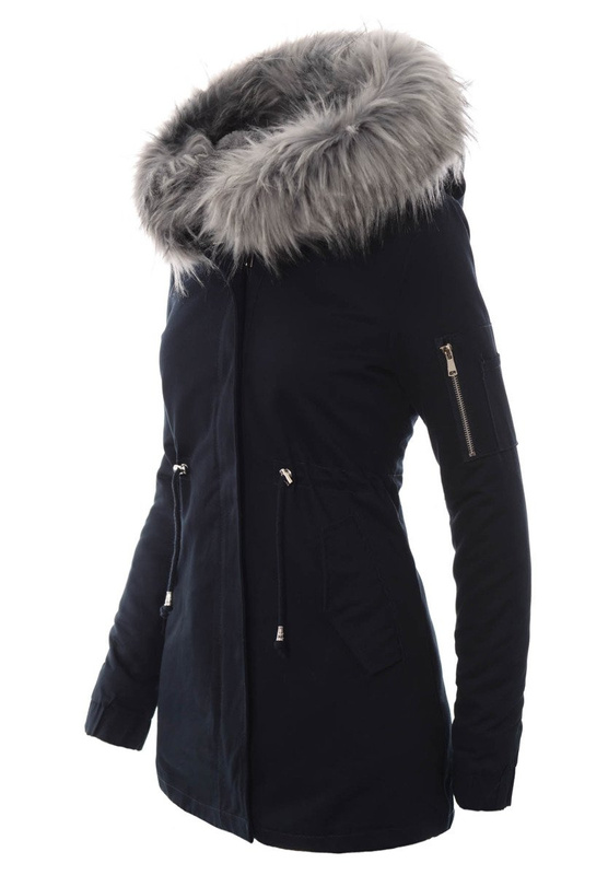Piękna Damska Kurtka Parka 2w1 Emilia Granatowa z Szarym Futerkiem