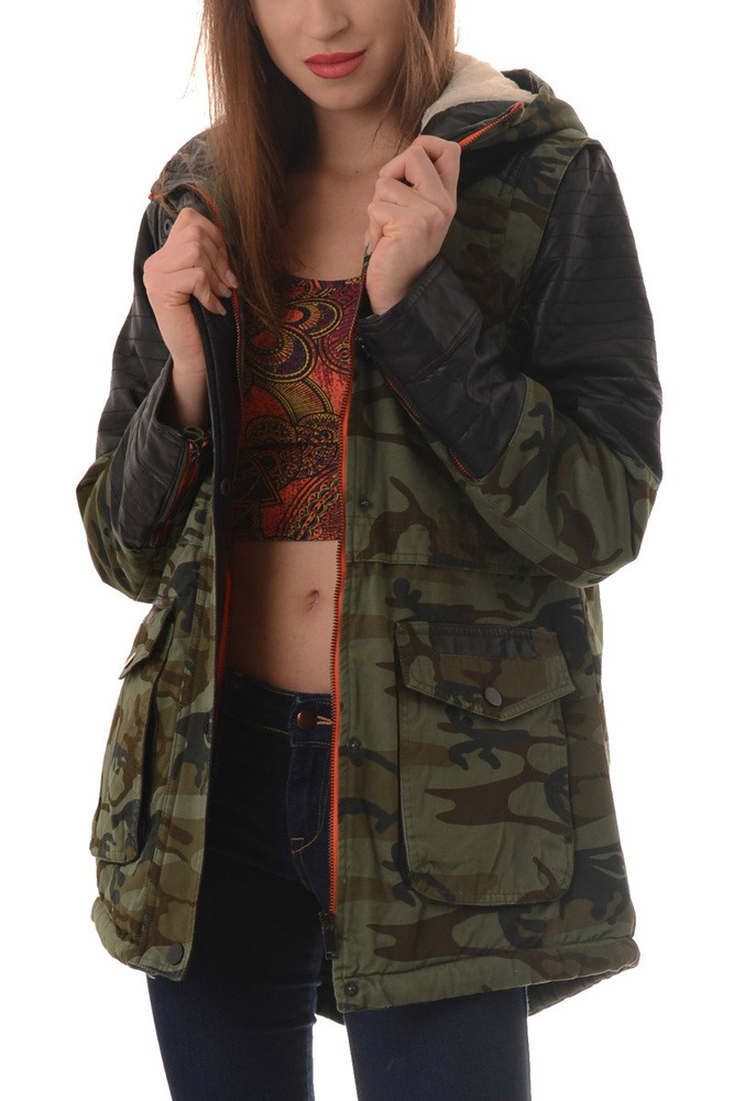 Damska Zimowa Kurtka Parka Płaszcz Moro Zielona