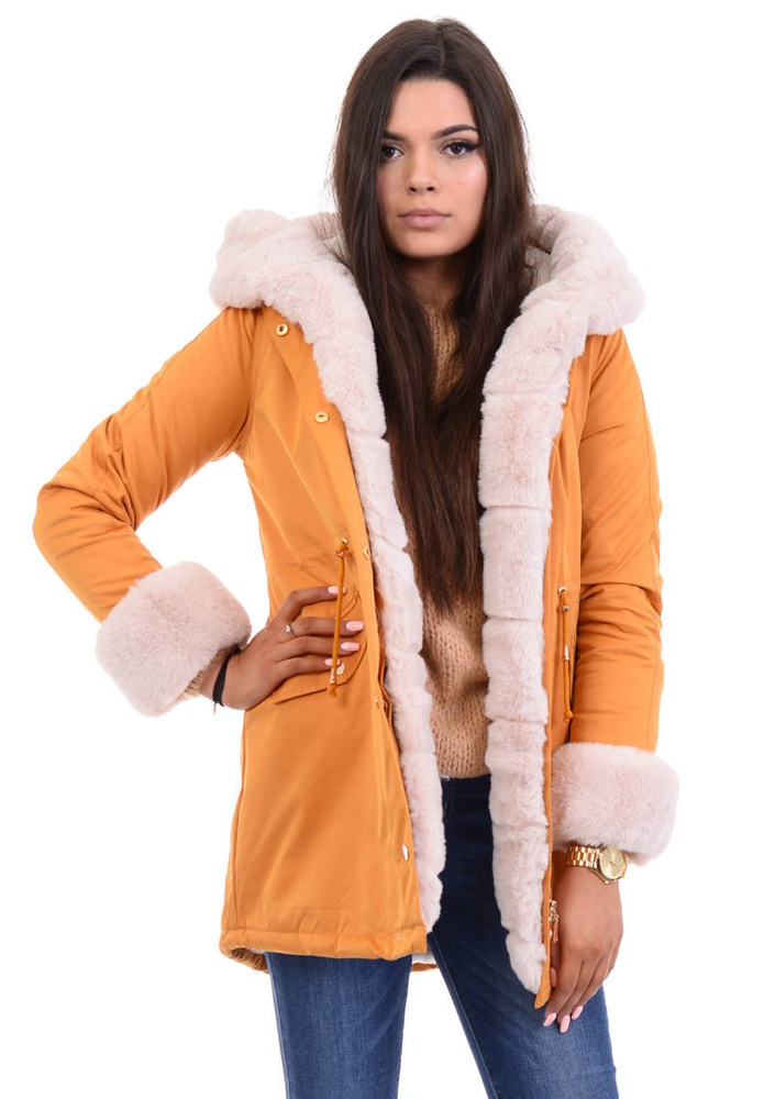 Damska Kurtka Parka Zimowa Wanessa Camel Z Futerkiem Ecru