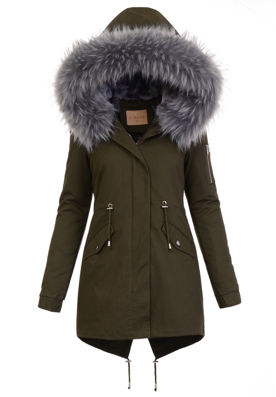 Damska Kurtka Parka 2w1 Emilia Khaki z Szarym Futerkiem