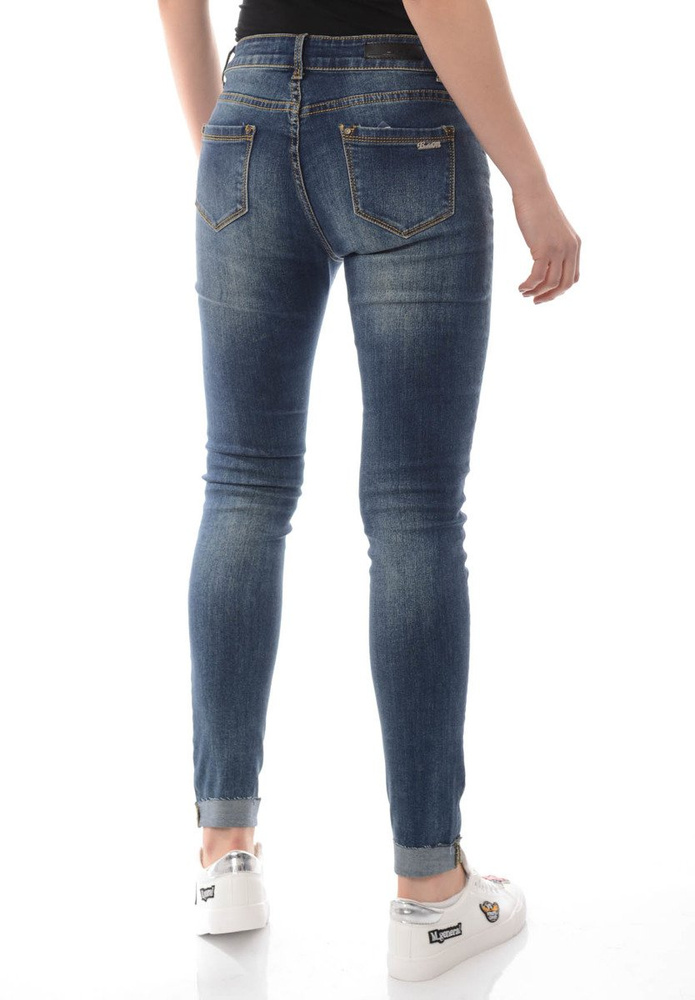 Damskie Spodnie Jeansy Przetarcia Rurki Granatowe