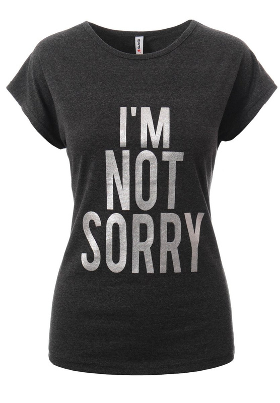 Damska Koszulka Krótki Rękaw T-Shirt Nadruk "I'm Not Sorry" Ciemno Szara