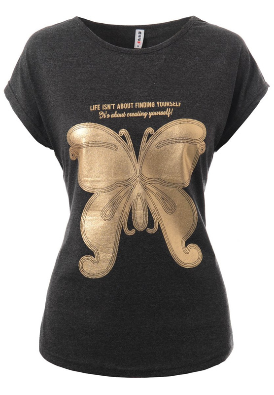 Damska Koszulka Krótki Rękaw T-Shirt Nadruk Motyl Ciemno Szara