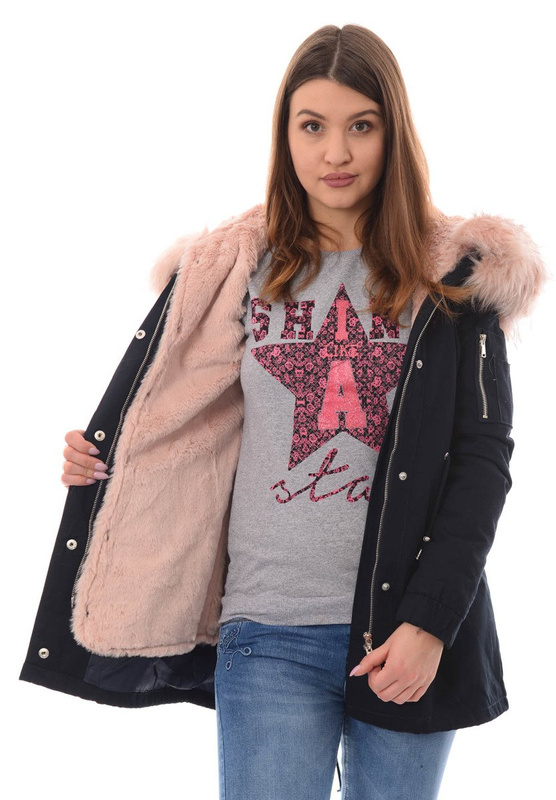 Piękna Damska Kurtka Parka 2w1 Emilia Granatowa z Różowym Futerkiem