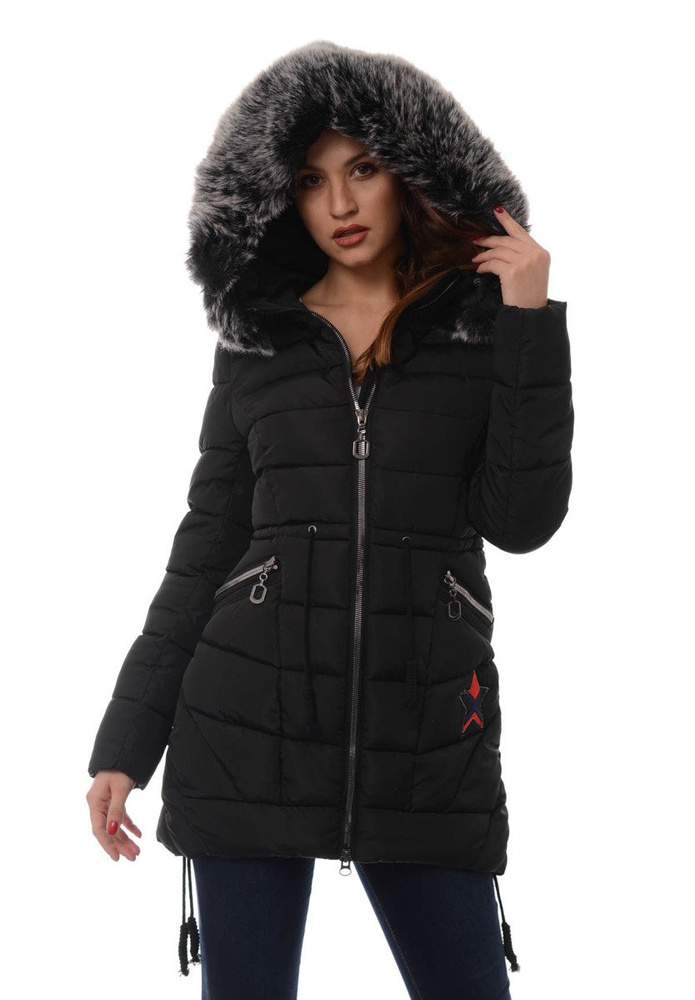 Damska Długa Zimowa Kurtka Ortalionowa Daga Czarna