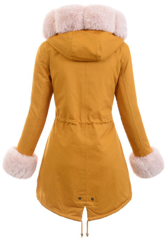 Piękna Damska Kurtka Parka Estera Żółta z Futerkiem Ecru