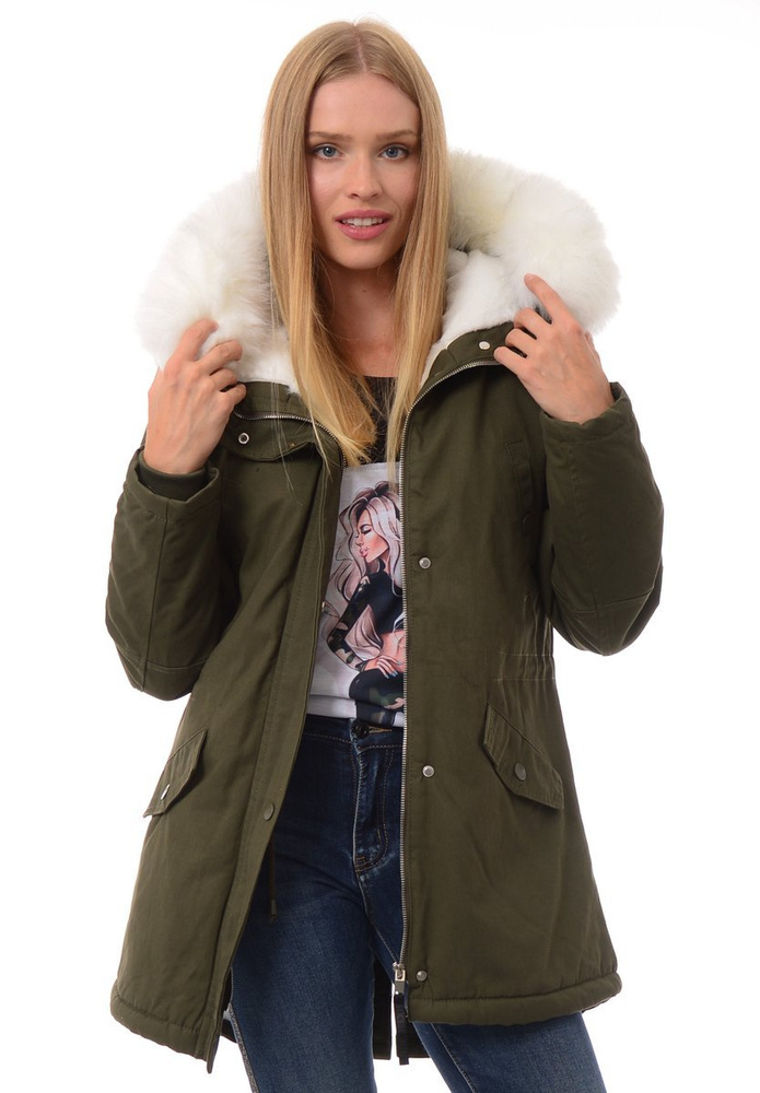 Kurtka Parka Jula Zielona Z Białym Futrem