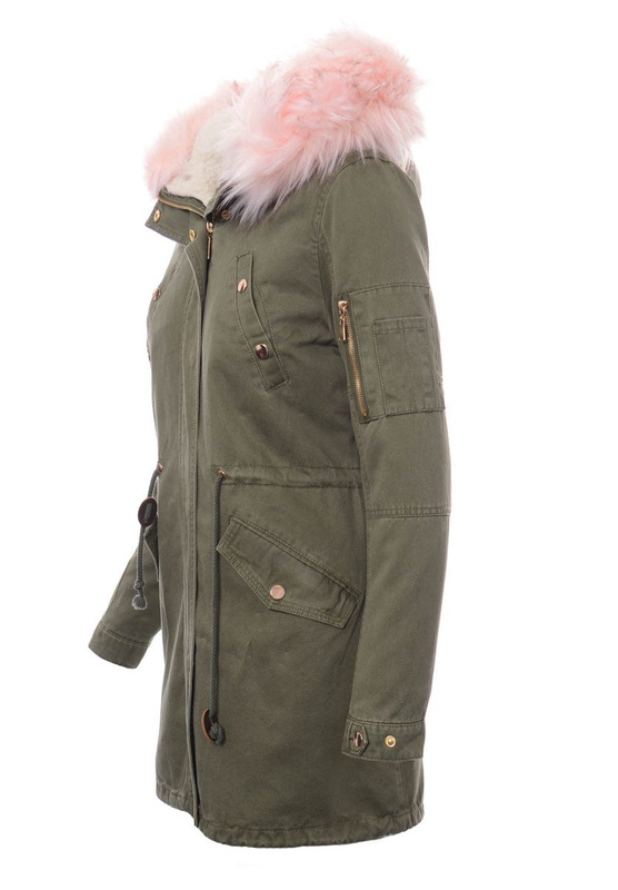 Damska Kurtka Parka Zimowa 2w1 Mila Zielona z Różowym Futerkiem