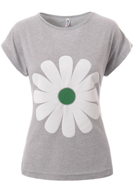 Damska Koszulka Krótki Rękaw T-Shirt Nadruk Kwiat Stokrotka Szara