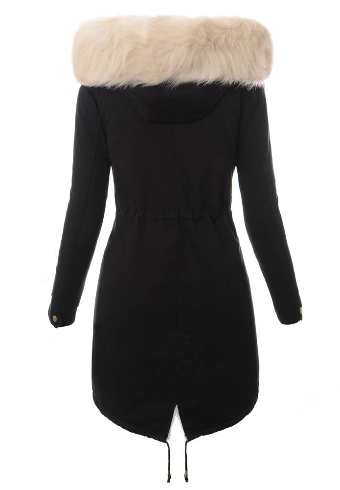 Piękna Damska Kurtka Parka Czarna z Białym Futerkiem