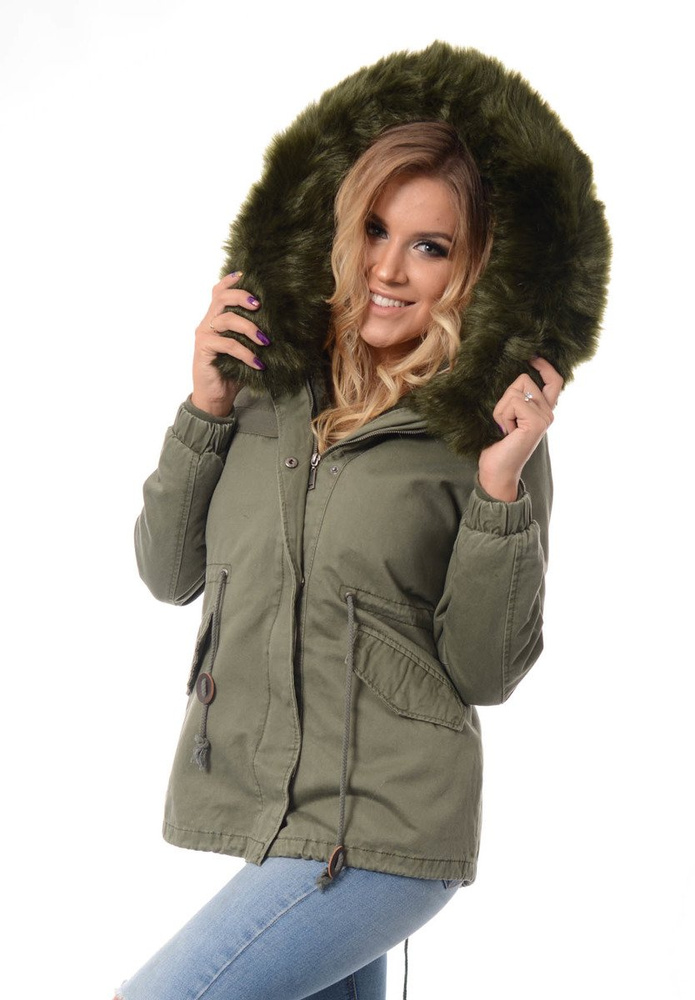 Damska Kurtka Parka Zimowa 2w1 Dominika Zielona z Zielonym Futerkiem