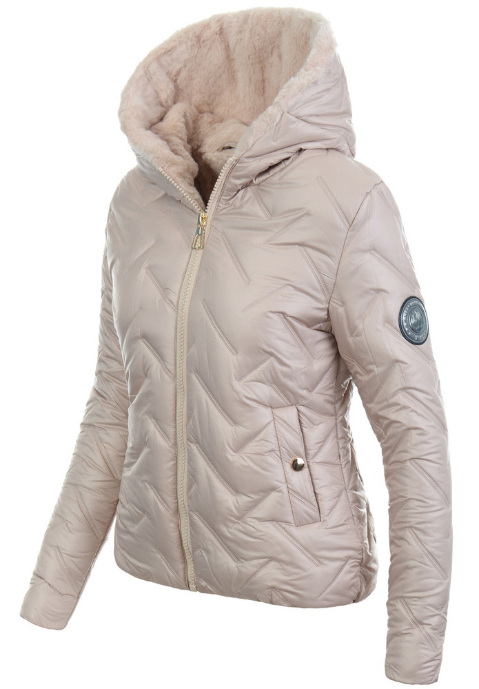 Damska Kurtka Zimowa Regina Perłowo Beżowa z Beżowym Futerkiem