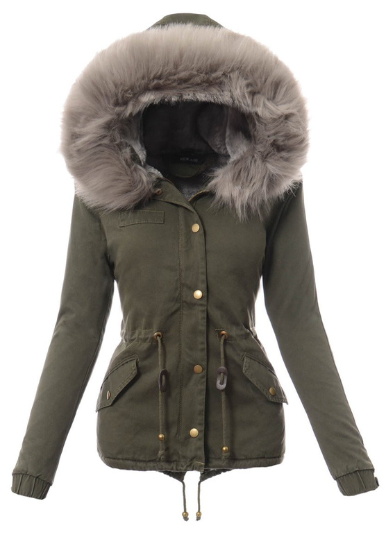 Piękna Damska Kurtka Parka Lora Zielona z Szarym Futerkiem