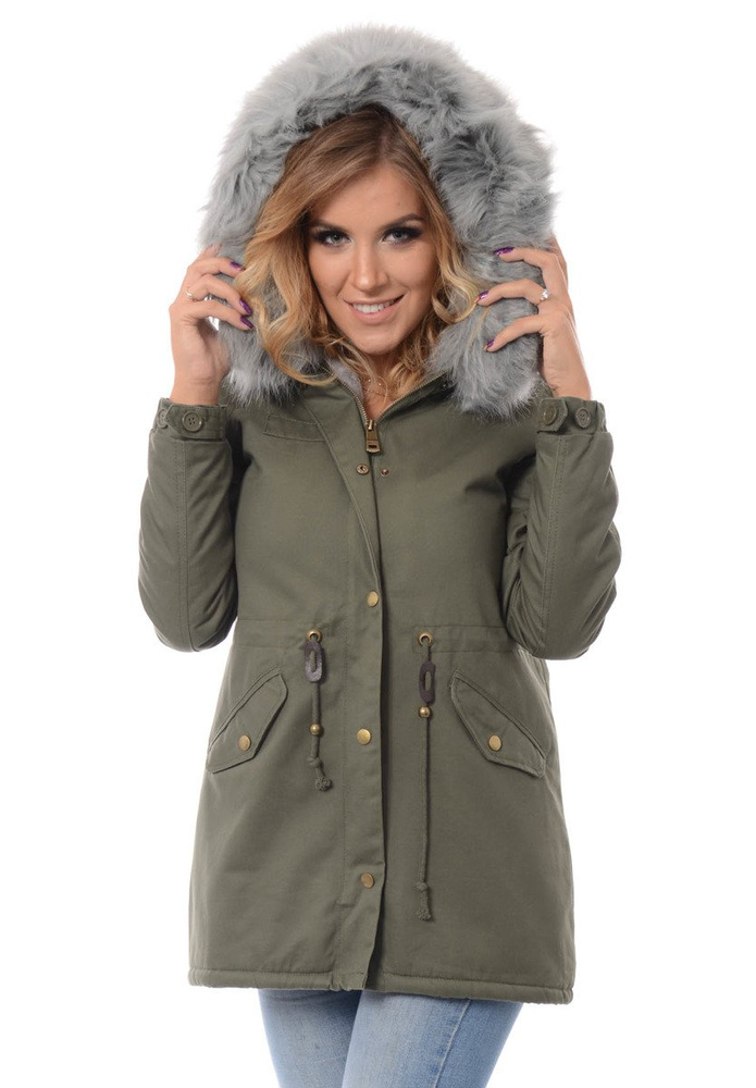 Piękna Damska Kurtka Parka Iwet Zielona z Szarym Futerkiem