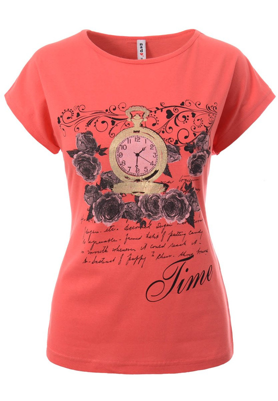 Damska Koszulka Krótki Rękaw Nadruk Zegar Czerwona