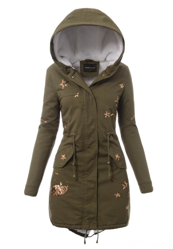 Piękna Damska Kurtka Parka Zielona z Białym Futerkiem
