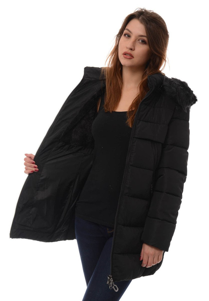 Damska Długa Zimowa Kurtka Ortalionowa Elena Czarna