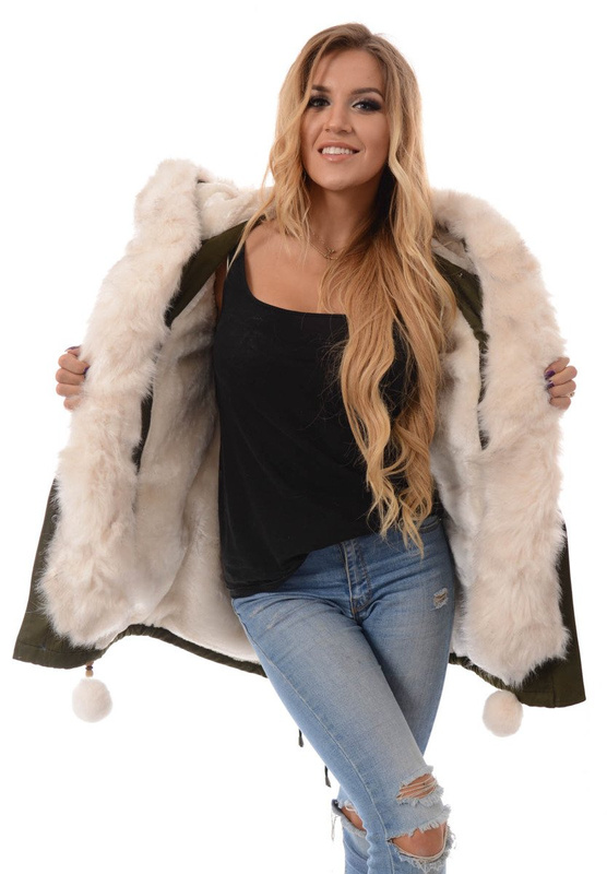 Piękna Damska Kurtka Parka Zielona z Białym Futerkiem