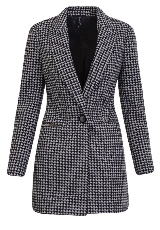 Dzianinowy Płaszcz Wiosenno-Jesienny Pepitka Czarno-Biały