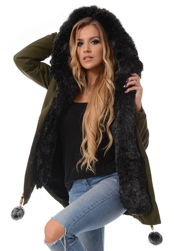 Piękna Damska Kurtka Parka Zielona z Czarnym Futerkiem