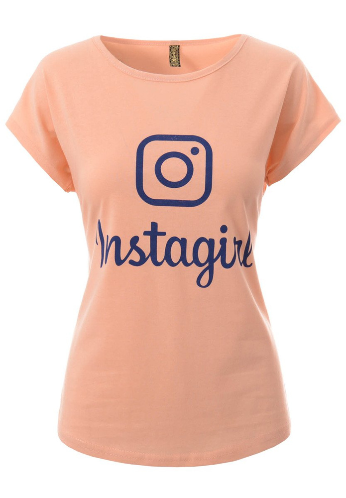 Damska Koszulka Krótki Rękaw Nadruk Instagirl Brzoskwiniowa