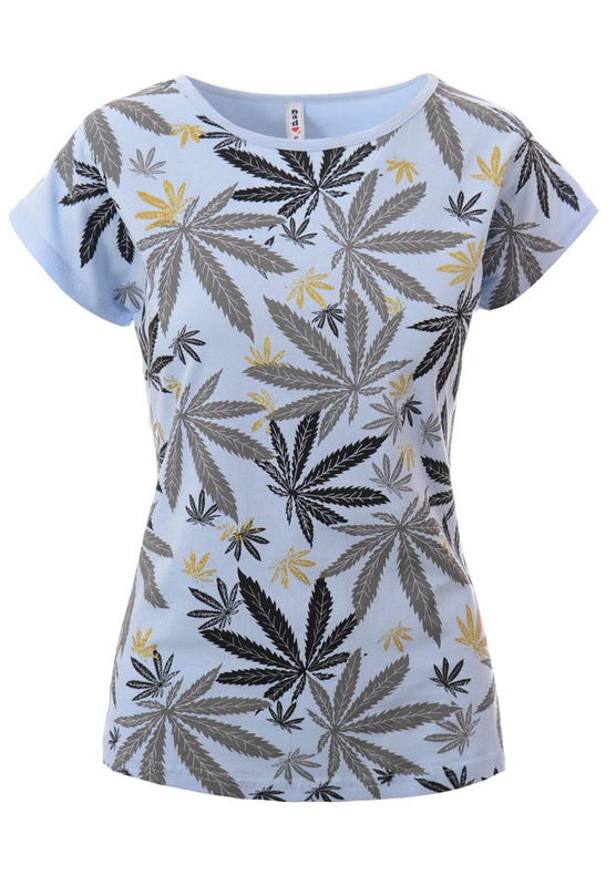 Damska Koszulka Krótki Rękaw T-Shirt Nadruk Liście Błękitna