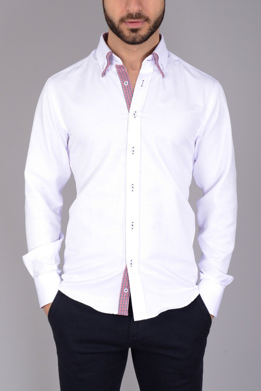 Męska Koszula Podwójny Kołnierz Biała